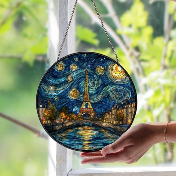 Eiffel Tower And Starry Night Tree Glass Suncatcher – Paris Dreamscape Art Panel, Romantic Gift For Travelandart Lovers, Suncatcher Window Hanging, 6.3 in
