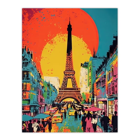 Eiffel Tower Sunset Vibrant Painting Busy Paris Street Pedestrians Walking To Monument Unframed Wall Art Print Poster Home Decor Premium