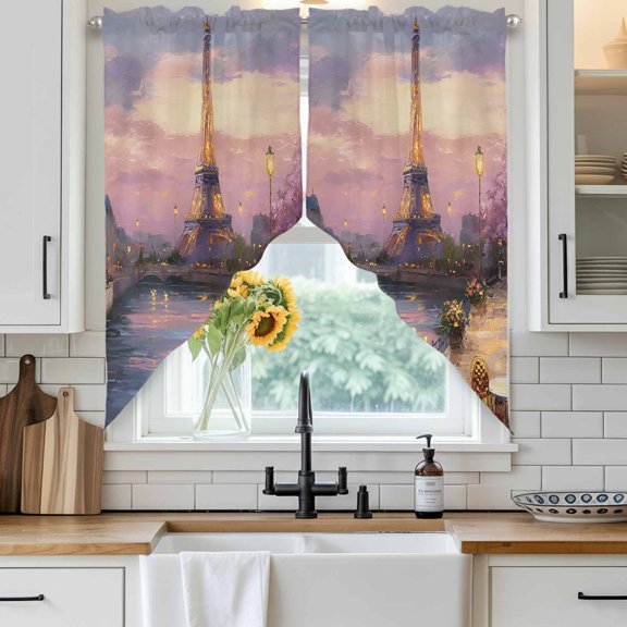 Eiffel Tower Swag Curtain Valance for Windows, Modern Purple Sunset Bridge River Night View Window Treatments Short Swag Topper for Kitchen Windows Bathroom Bedroom, 36"x36"