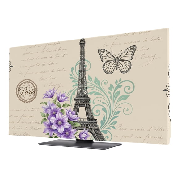 Eiffel Tower TV Cover for 24 Inch Screen,Stretch Fabric Dustproof TV Display Protector,Vintage Flowers Butterfly Pattern Beige Elastic Slipcover Monitor Cover for Indoor Desktop Computer 20.9"x11.8"