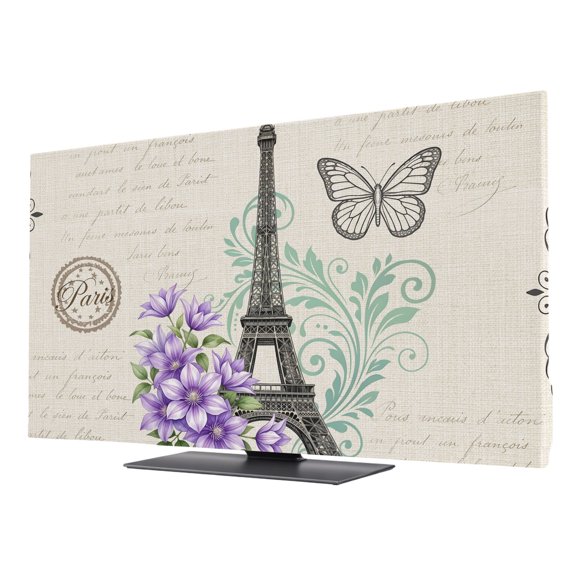 Eiffel Tower TV Cover for 50 Inch Screen,Stretch Fabric Dustproof TV Display Protector,Retro Floral Butterfly Minimalist Beige Elastic Slipcover Monitor Cover for Indoor Desktop Computer 43.6"x24.5"