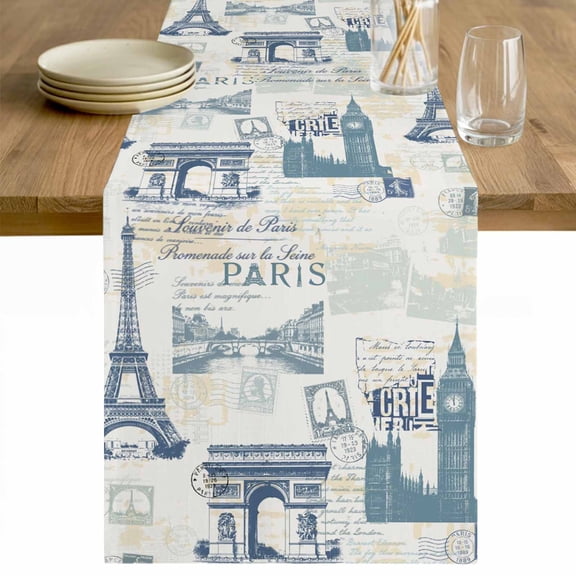 Eiffel Tower Table Runner - 36 Inch Long European Architectural Retro Hand-Painted Cotton and Linen Blended Dress Scarves Farmhouse Table Runner for Kitchen Dining, Coffee Table, 13" x 36"