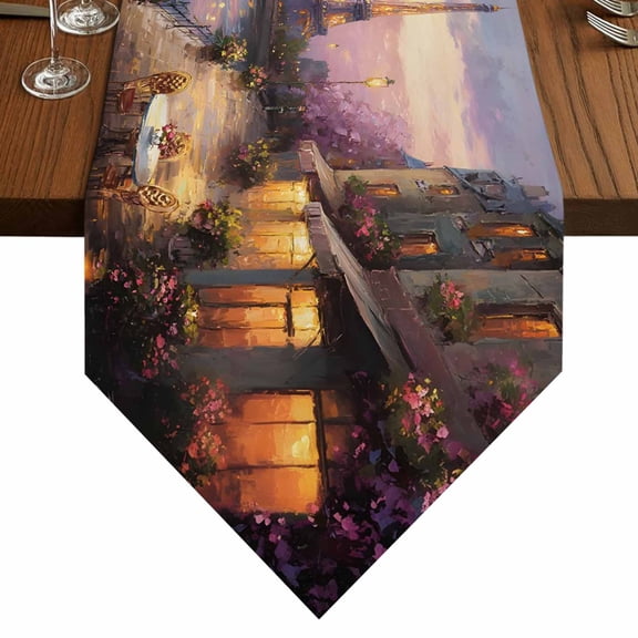 Eiffel Tower Table Runner for Dining Room, Modern Purple Sunset Bridge River Night View Cotton Linen Dining Table Runner Tablecloth Dresser Scarves for Kitchen Cafe 13x48 Inches Long
