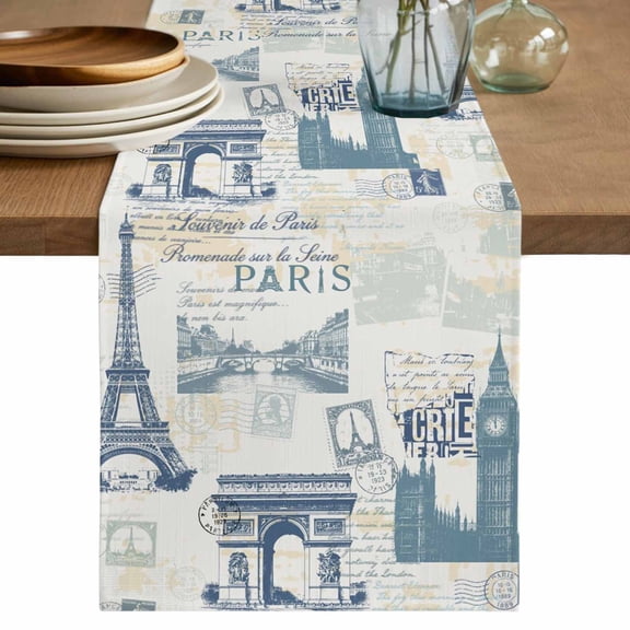 Eiffel Tower Table Runner, European Architectural Retro Hand-Painted Washable Cotton Linen Table Runners 36 Inches Long, Dresser Scarf Runner for Nightstand/End Tables/Round Tables 13''x36''