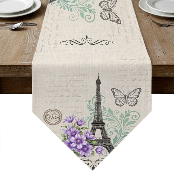Eiffel Tower Table Runner Linen Burlap Table Runner 48 Inches Long Retro Floral Butterfly Minimalist Beige Dresser Scarves for Kitchen Island Coffee Dining Room Party Wedding Holiday Decor 13"x48"