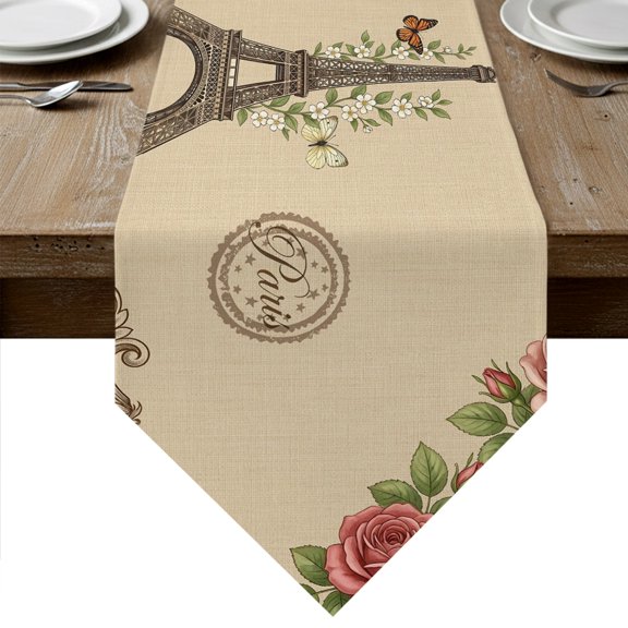 Eiffel Tower Table Runner Linen Burlap Table Runner 48 Inches Long Rustic Butterfly Botanical Rose Flowers Brown Dresser Scarves for Kitchen Island Coffee Dining Room Party Holiday Decor 13"x48"
