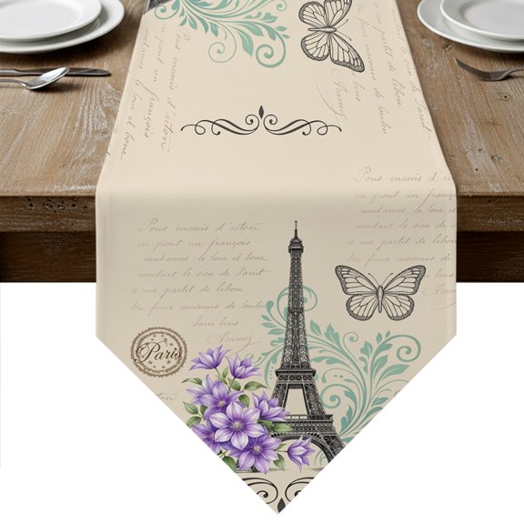 Eiffel Tower Table Runner Linen Burlap Table Runner 48 Inches Long Vintage Flowers Butterfly Pattern Beige Dresser Scarves for Kitchen Island Coffee Dining Room Party Wedding Holiday Decor 13"x48"