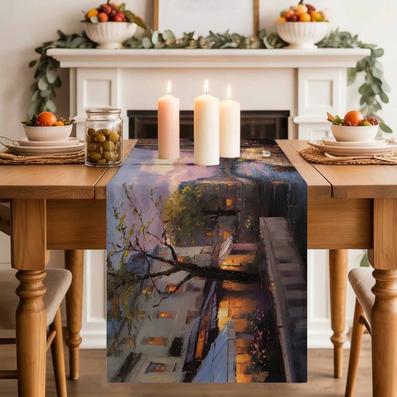 Eiffel Tower Table Runner, Modern Purple Sunset Bridge River Night View Washable Cotton-linen Table Runners Dining Kitchen Decoration for Everyday Home Wedding Party Decor, 18 x72 Inch