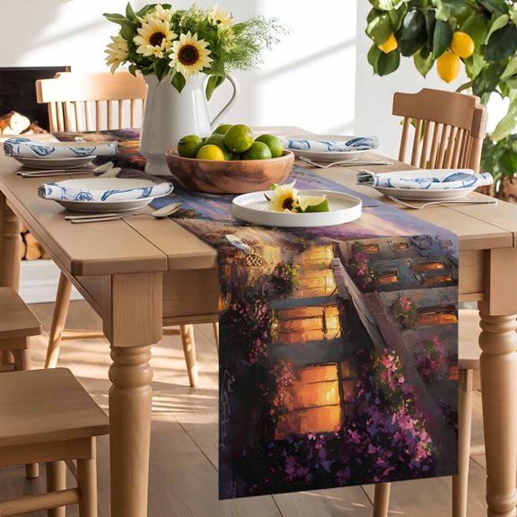 Eiffel Tower Table Runner, Modern Purple Sunset Bridge River Night View Washable Kitchen Table Runners Dress Scarves for Dining Table Decorations Party/Restaurant/Indoor Outdoor Use, 13x36in