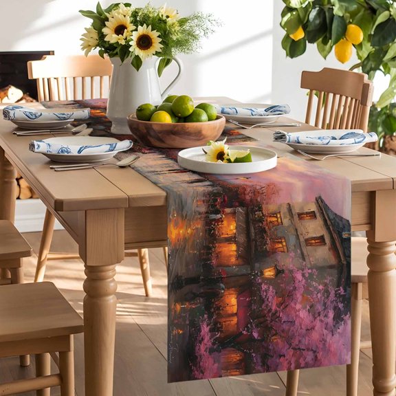 Eiffel Tower Table Runner, Purple Sunset Country Oil Painting Street View Washable Kitchen Table Runners Dress Scarves for Dining Table Decorations Party/Restaurant/Indoor Outdoor Use, 13x36in