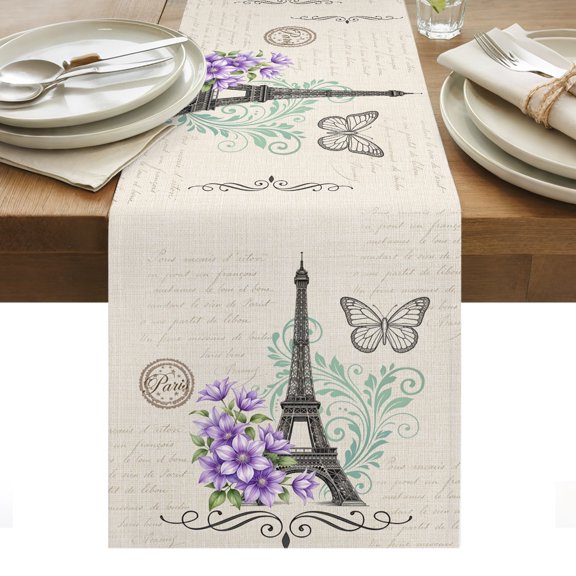 Eiffel Tower Table Runner Retro Floral Butterfly Minimalist Beige Tablerunners 13 x 36 Inch, Table Decorations Tabletop Scarf for Summer Gathering Holiday Farmhouse Kitchen Dining Decor