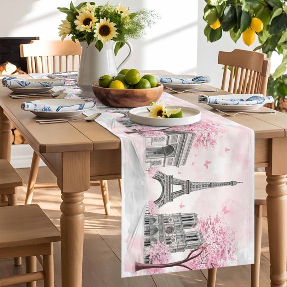 Eiffel Tower Table Runner, Romantic Pink Cherry Blossom Trees Notre Dame Washable Kitchen Table Runners Dress Scarves for Dining Table Decorations Party/Restaurant/Indoor Outdoor Use, 13x36in