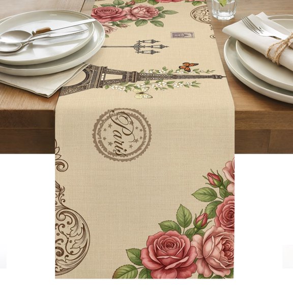 Eiffel Tower Table Runner Rustic Butterfly Botanical Rose Flowers Brown Tablerunners 13 x 48 Inch, Table Decorations Tabletop Scarf for Summer Gathering Holiday Farmhouse Kitchen Dining Decor