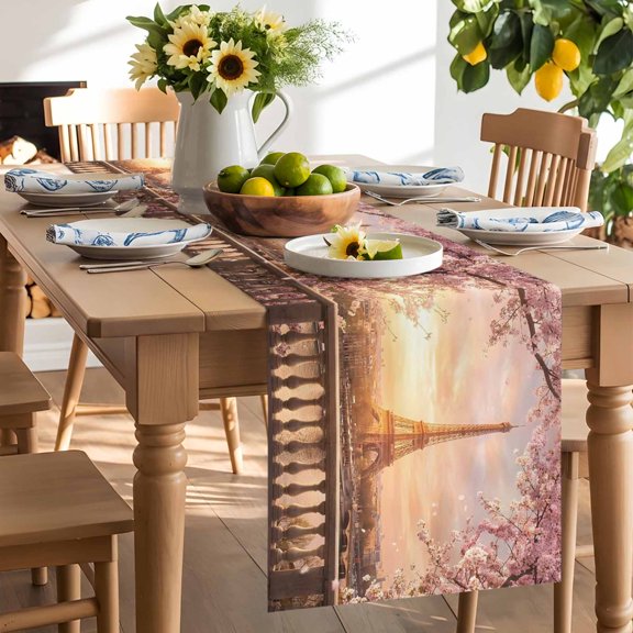 Eiffel Tower Table Runner, Sunset Pink Cherry Blossom Trees Washable Kitchen Table Runners Dress Scarves for Dining Table Decorations Party/Restaurant/Indoor Outdoor Use, 13x48in
