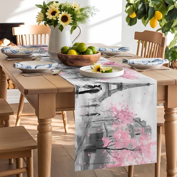 Eiffel Tower Table Runner, Sweet Couple Pink Cherry Blossom Trees Washable Kitchen Table Runners Dress Scarves for Dining Table Decorations Party/Restaurant/Indoor Outdoor Use, 13x48in