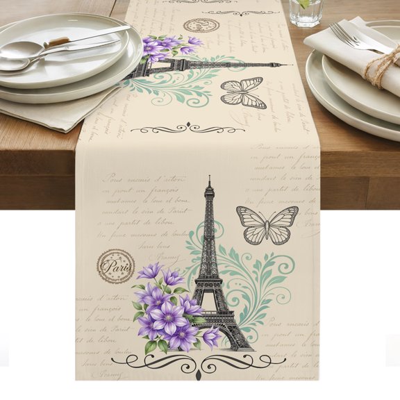 Eiffel Tower Table Runner Vintage Flowers Butterfly Pattern Beige Tablerunners 13 x 48 Inch, Table Decorations Tabletop Scarf for Summer Gathering Holiday Farmhouse Kitchen Dining Decor