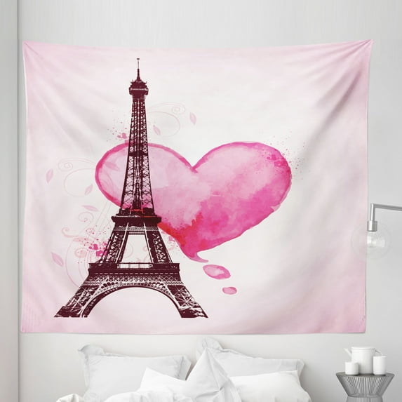 Eiffel Tower Tapestry, Eiffel Romantic Valentine Love Watercolor Theme Heart Leaf Silhouette Print, Fabric Wall Hanging Decor for Bedroom Living Room Dorm, 5 Sizes, Fuchsia Brown, by Ambesonne