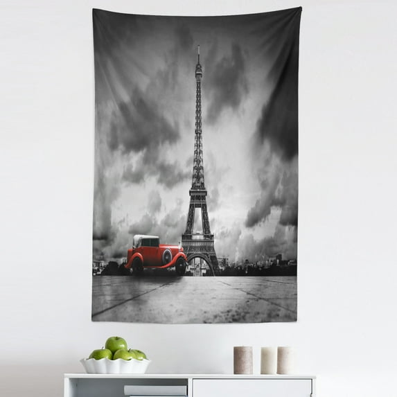 Eiffel Tower Tapestry, Image of Eiffel Tower Paris France Vintage Car Street Dark Clouds, Fabric Wall Hanging Decor for Bedroom Living Room Dorm, 5 Sizes, Grey Black Red, by Ambesonne
