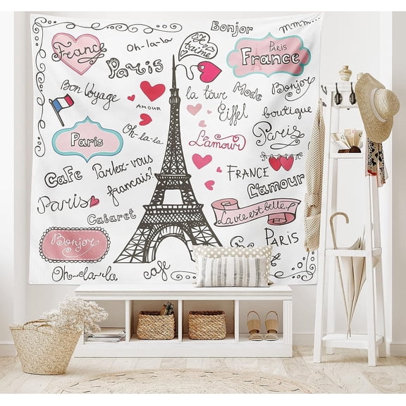 Eiffel Tower Tapestry, Paris Lettering Heart Shapes Flag Ornamental Sketchy Doodle, Wall Hanging for Bedroom Living Room Dorm Decor, 60" X 80", Black White Pink