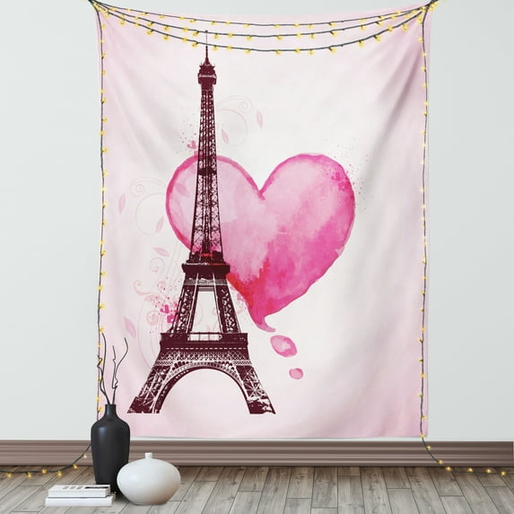 Eiffel Tower Tapestry, Eiffel Romantic Valentine Love Watercolor Theme Heart Leaf Silhouette Print, Wall Hanging for Bedroom Living Room Dorm Decor, 40W X 60L Inches, Fuchsia Brown, by Ambesonne