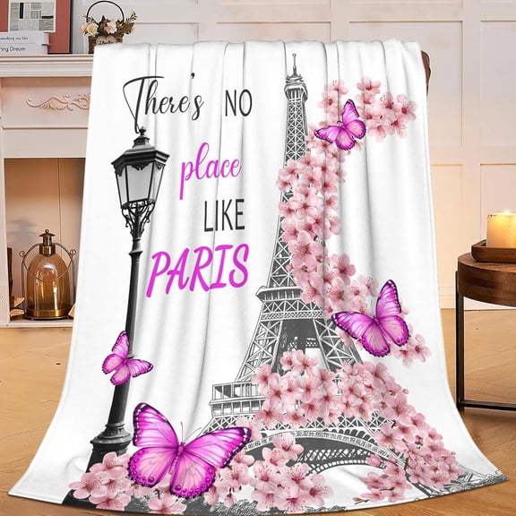 Eiffel Tower Throw Blanket French Paris Cherry Blossoms Print Throw Blankets Gifts for Couch Sofa Bed Stuff Decor Soft Cozy Fleece Plush Flannel Bedding for Lover Men Women Boys Girls 40"x50"