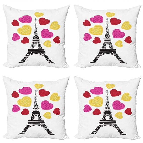 Eiffel Tower Throw Pillow Cushion Case Pack of 4, Beaming Colorful Hearts Valentine's Day Theme, Modern Accent Double-Sided Print, 4 Sizes, Multicolor, by Ambesonne