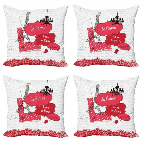 Eiffel Tower Throw Pillow Cushion Case Pack of 4, Je T'aime Love in Paris Oh La La Calligraphy, Modern Accent Double-Sided Print, 4 Sizes, Grey Dark Coral, by Ambesonne