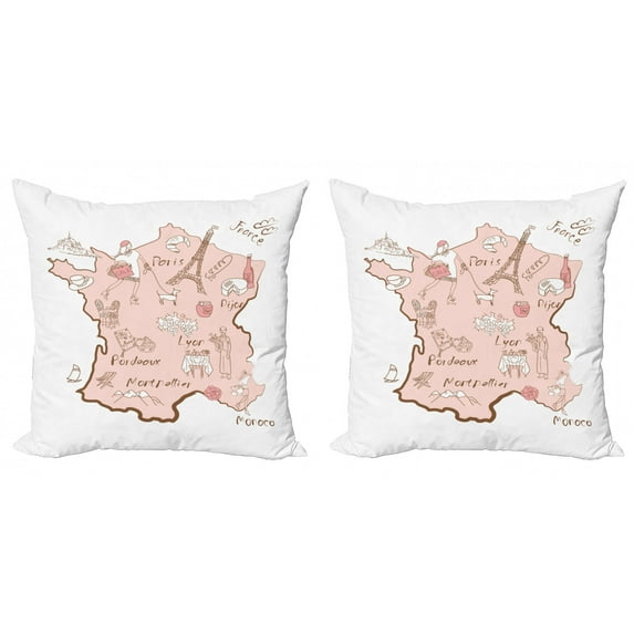 Eiffel Tower Throw Pillow Cushion Cover Pack of 2, Bordeaux Lyon Monaco Paris Dijon Typographic Map Design, Zippered Double-Side Digital Print, 4 Sizes, Blush Umber and White, by Ambesonne