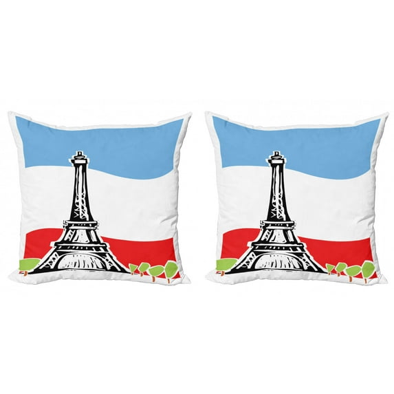 Eiffel Tower Throw Pillow Cushion Cover Pack of 2, Digital Silhouette in Paris, Zippered Double-Side Digital Print, 4 Sizes, White Multicolor, by Ambesonne