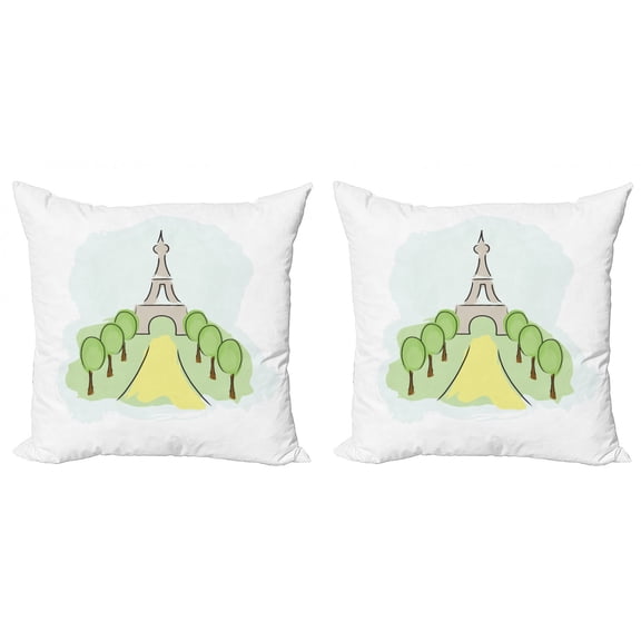Eiffel Tower Throw Pillow Cushion Cover Pack of 2, Hand Drawn Print of Famous Tower and Trees, Zippered Double-Side Digital Print, 4 Sizes, White Pale Green, by Ambesonne