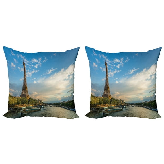 Ambesonne Eiffel Tower Throw Pillow Cover 2 Pack, Sun Eiffel Tower, 20", Yellow Green Blue