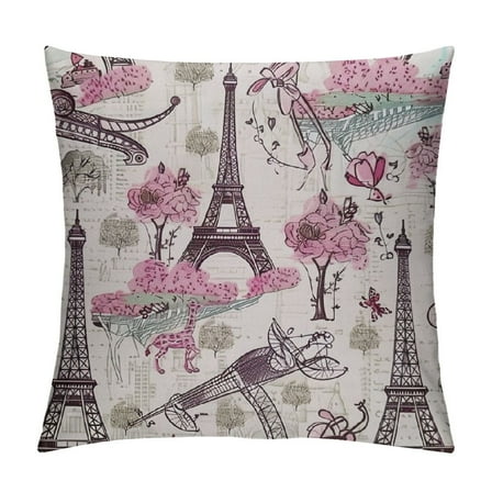 Eiffel Tower Throw Pillow Cushion Cover, in Paris Theme Flowers Hot Air Balloon , Decorative Square Accent Pillow Case, Pale Pink White