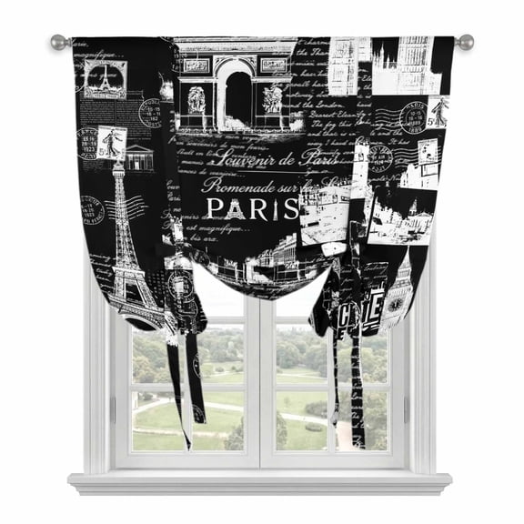 Eiffel Tower Tie Up Curtains for Window, Thermal Insulated Balloon Shade Adjustable Rod Pocket Curtains Valance for Kitchen Bathroom Cafe 46 x 63 Vintage France Romantic European Paris City Art