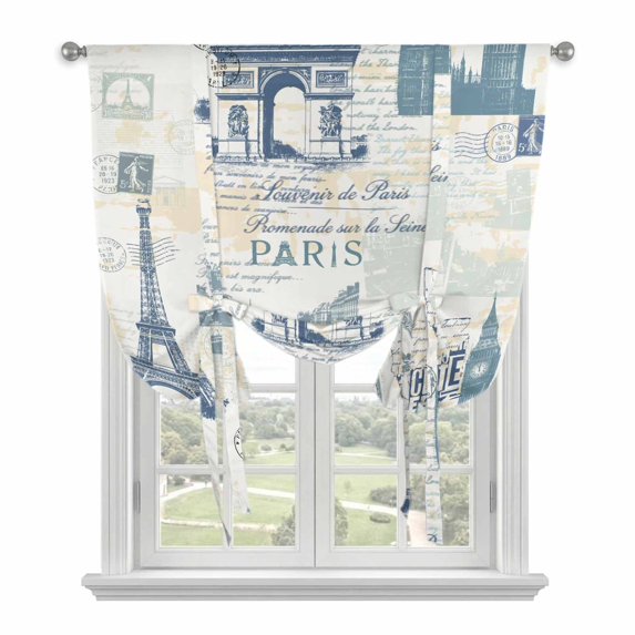 Eiffel Tower Tie Up Curtains for Windows, Adjustable Balloon Window Shades, European Architectural Retro Hand-Painted Kitchen Window Treatments Farmhouse Short Curtains with Rod Pocket 42"x45"