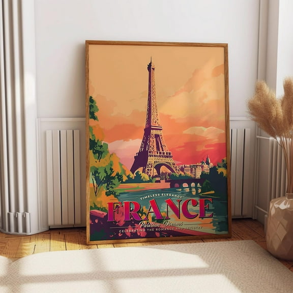 Eiffel Tower Travel Poster - Romantic Paris France Print - Retro European Tourism Wall Art Memorabilia Wall Art, Modern Wall Decor, 8x12 UNFRAMED