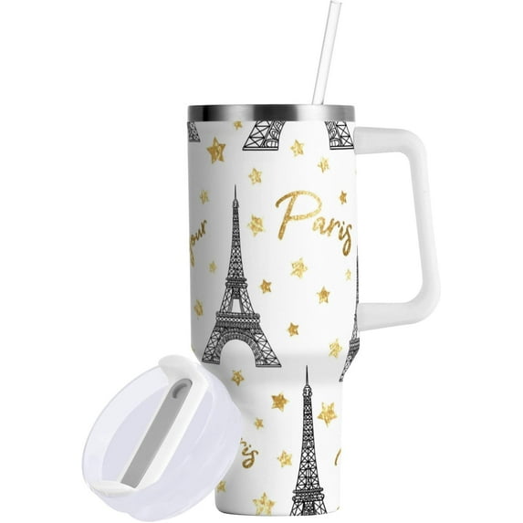 Eiffel Tower Tumbler Handle Lid and Straw Bonjour Paris Water Bottle Stainless Steel Coffee Travel Tumbler Mug Cups Gifts for Men Women 30oz