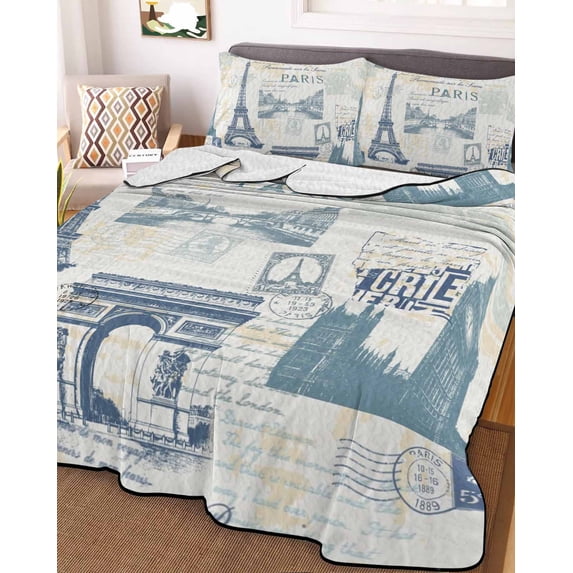Eiffel Tower Twin Size Down Alternative Comforter, Lightweight Comforter Quilt Bedding Set with Pillow Shams European Architectural Retro Hand-Painted All Seasons Bed Comforter Duvet Insert 68"x86"