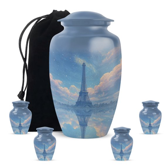 Eiffel Tower Urn For Man And Woman, Clouds Cremation Urn For Adult Woman, Keepsake Urns For Human Ashes For Male Set Of 4, Blue Urns For Human Ashes Adult Brother, 10&3 Inch