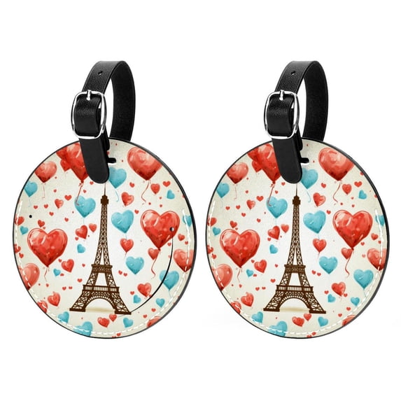 Eiffel Tower Valentine's Day 2Pcs PU Leather Round Luggage Tags with Privacy Cover and Name ID Tag for Suitcase, Handbags, Backpacks, School Bags