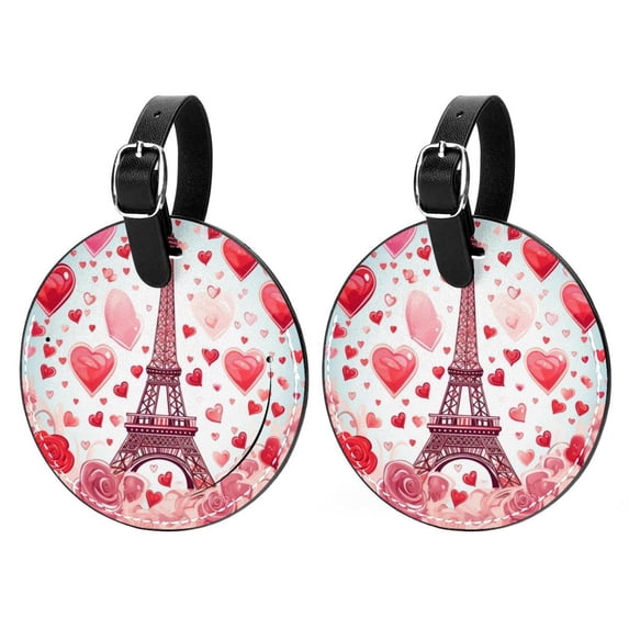 Eiffel Tower Valentine's Day 2pcs PU Leather Round Bag Tags Suitcase Handbag Tags with Privacy Cover and Name ID Tag for Travel Luggage, Handbags, Backpacks, School Bags