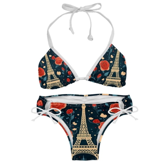 Eiffel Tower Valentine's Day Adjustable Strap Bikini Set with Detachable Sponge, Two-Pack - Ideal for Beach and Pool Parties