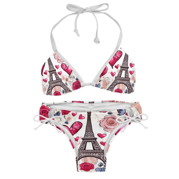 Eiffel Tower Valentine's Day Adjustable Strap Bikini Set with Detachable Sponge, Two-Pack - Ideal for Beach and Pool Parties