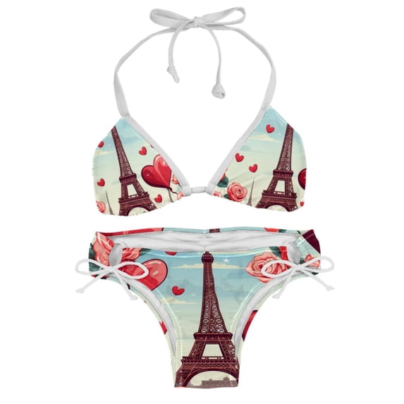 Eiffel Tower Valentine's Day Detachable Sponge Adjustable Strap Bikini Set, Two-Pack Swim Suits for Versatile Swim Wear Looks