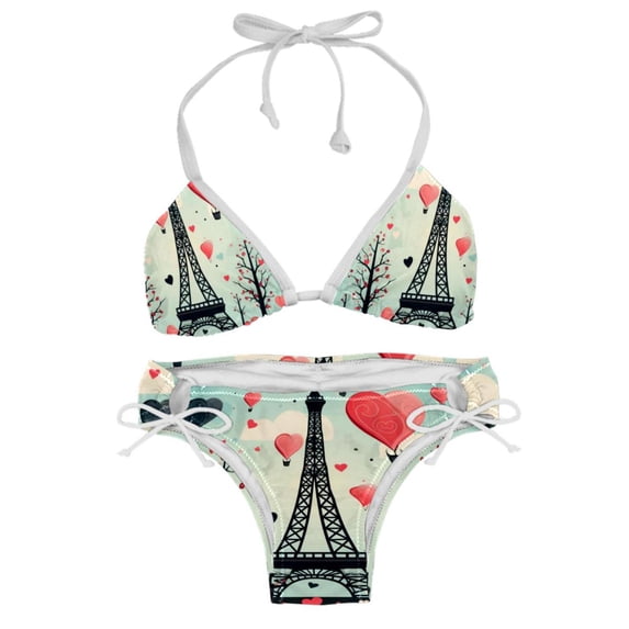 Eiffel Tower Valentine's Day Detachable Sponge Adjustable Strap Bikini Set Two-Pack - Versatile Swim Suit Set