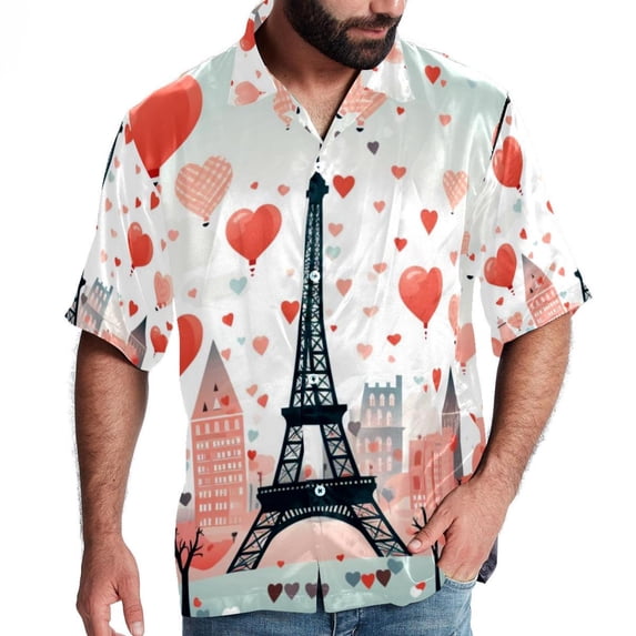 Eiffel Tower Valentine's Day Men's Casual Button Down Short Sleeve Hawaiian Printed Summer Beach Shirts
