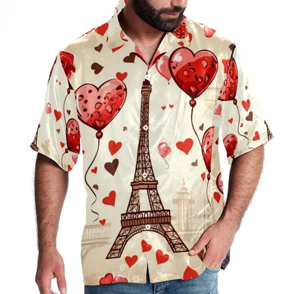Eiffel Tower Valentine's Day Men's Casual Hawaiian Shirts, Printed Button Down Short Sleeve Summer Beach Tops with Spread Collar - Unisex