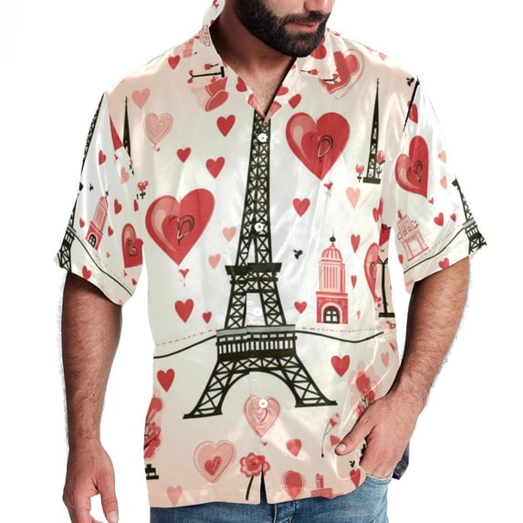 Eiffel Tower Valentine's Day Men's Casual Printed Hawaiian Poplin Button Down Short Sleeve Beach Shirt Unisex