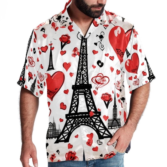 Eiffel Tower Valentine's Day Men's Short Sleeve Beach Button Down Casual Printed Summer Shirts - Unisex