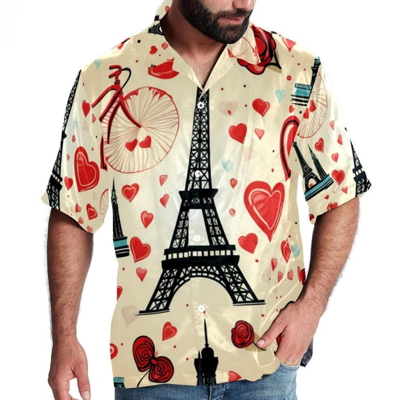 Eiffel Tower Valentine's Day Men's Short Sleeve Beach Shirts, Casual Printed Button Down, Summer Unisex Spread Collar Tops