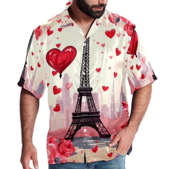 Eiffel Tower Valentine's Day Men's Short Sleeve Beach Shirts, Hawaiian Printed Button Down Summer Casual Unisex Men's Shirts